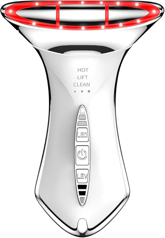 True Beauty Glow Facial Massager for Neck Care, Red Light for Face,Water Resistant 5-in-1 Led Facial Sculptor (White-Silver)