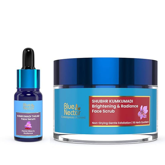 Blue Nectar Kumkumadi Face Oil for Glowing Skin with Natural Herbs (1 Fl Oz) & Kumkumadi Gentle Exfoliating Face Scrub for Tan Removal and Blackheads (1.76 Oz)