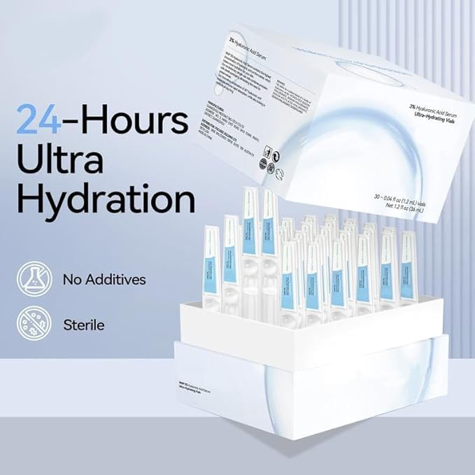 Hyaluronic Acid Serum for Face, 3% Ultra-Hydrating Formula, 30 pcs Glass Vials, Deep Moisturizing and Anti-Aging