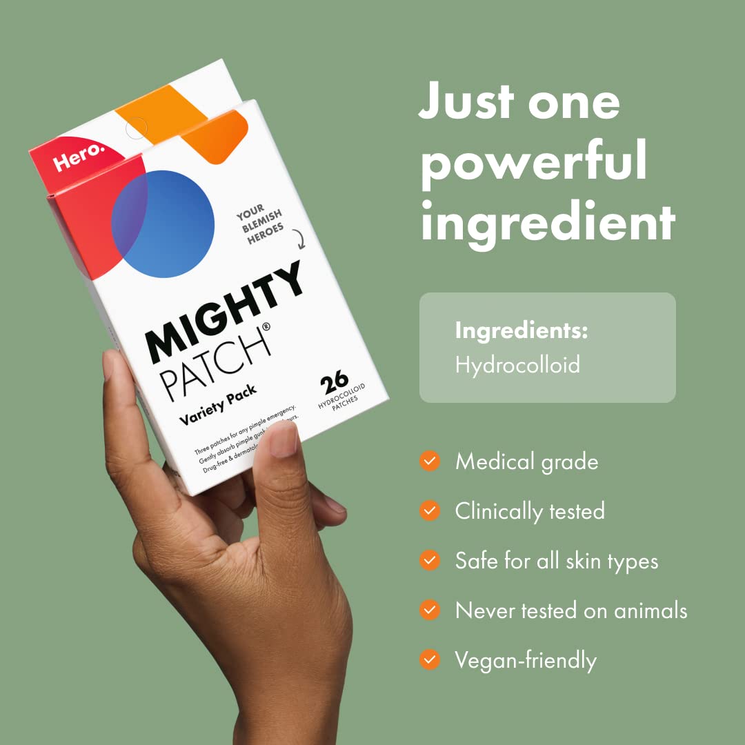 Mighty Patch™ Variety Pack from Hero Cosmetics - Hydrocolloid Acne Pimple Patches for Covering Zits and Blemishes, Spot Stickers for Face and Skin, Korean Skin Care, 26 ct (Pack of 2)