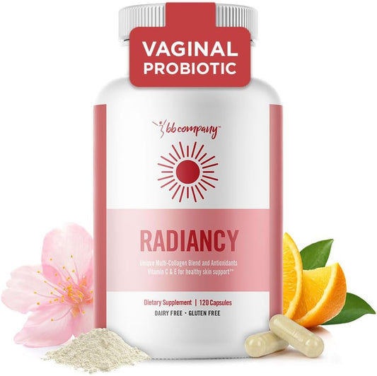 BB Company Radiancy | Vaginal Probiotics for Vaginal Dryness, pH Balance | Fights Itch, Odor | Anti-Aging | Hyaluronic Acid, Probiotics, Vitamin C, Multi Collagen | 120 Ct