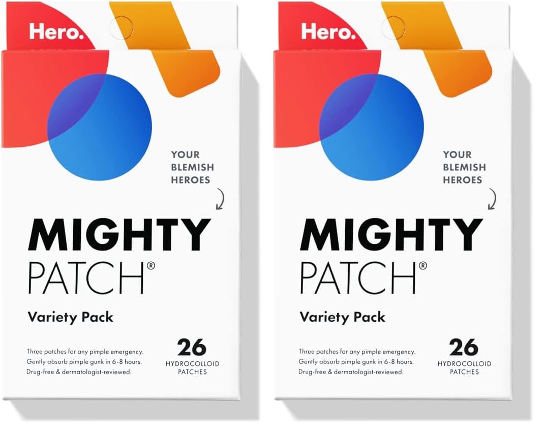 Mighty Patch™ Variety Pack from Hero Cosmetics - Hydrocolloid Acne Pimple Patches for Covering Zits and Blemishes, Spot Stickers for Face and Skin, Korean Skin Care, 26 ct (Pack of 2)