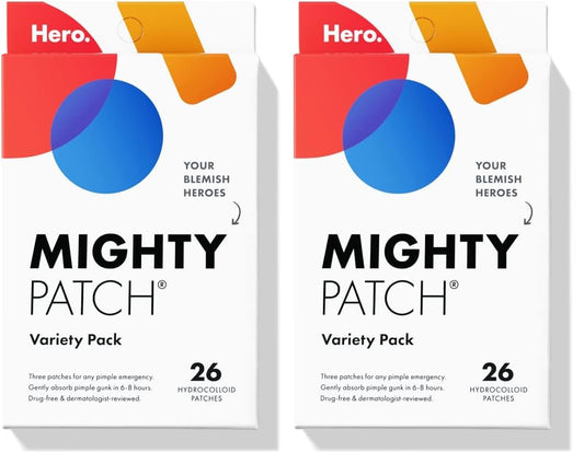 Mighty Patch™ Variety Pack from Hero Cosmetics - Hydrocolloid Acne Pimple Patches for Covering Zits and Blemishes, Spot Stickers for Face and Skin, Korean Skin Care, 26 ct (Pack of 2)