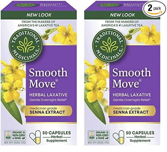 Traditional Medicinals Smooth Move Senna Laxative Capsules, Natural Herbal Constipation Relief, 50 Capsules (Pack of 2)
