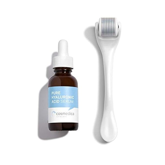 Cosmedica Instant Glow Kit: Microneedle Roller Cosmetic Needling Instrument For Face and Cosmedica's Pure Hyaluronic Acid Serum 1 oz.