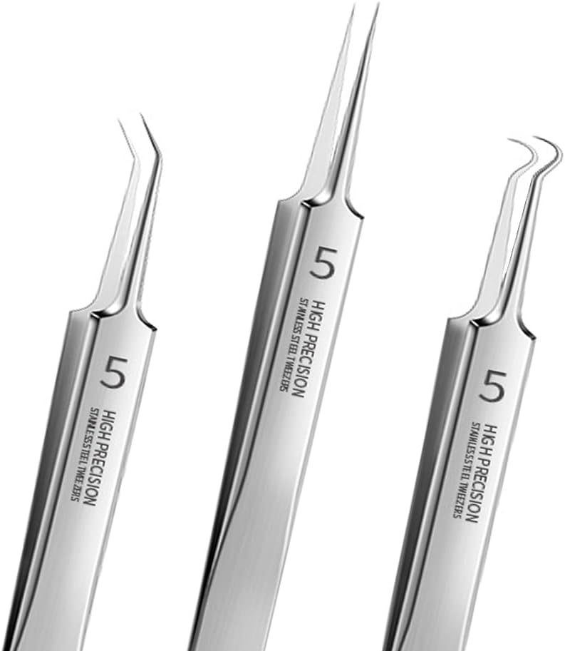 Professional Facial Blackhead Remover Tweezers,3Pcs Precision Pimple Popper Tool Kit for Whitehead Ance Blemishs Comedones Stainless Steel Makeup Tool - Glossy