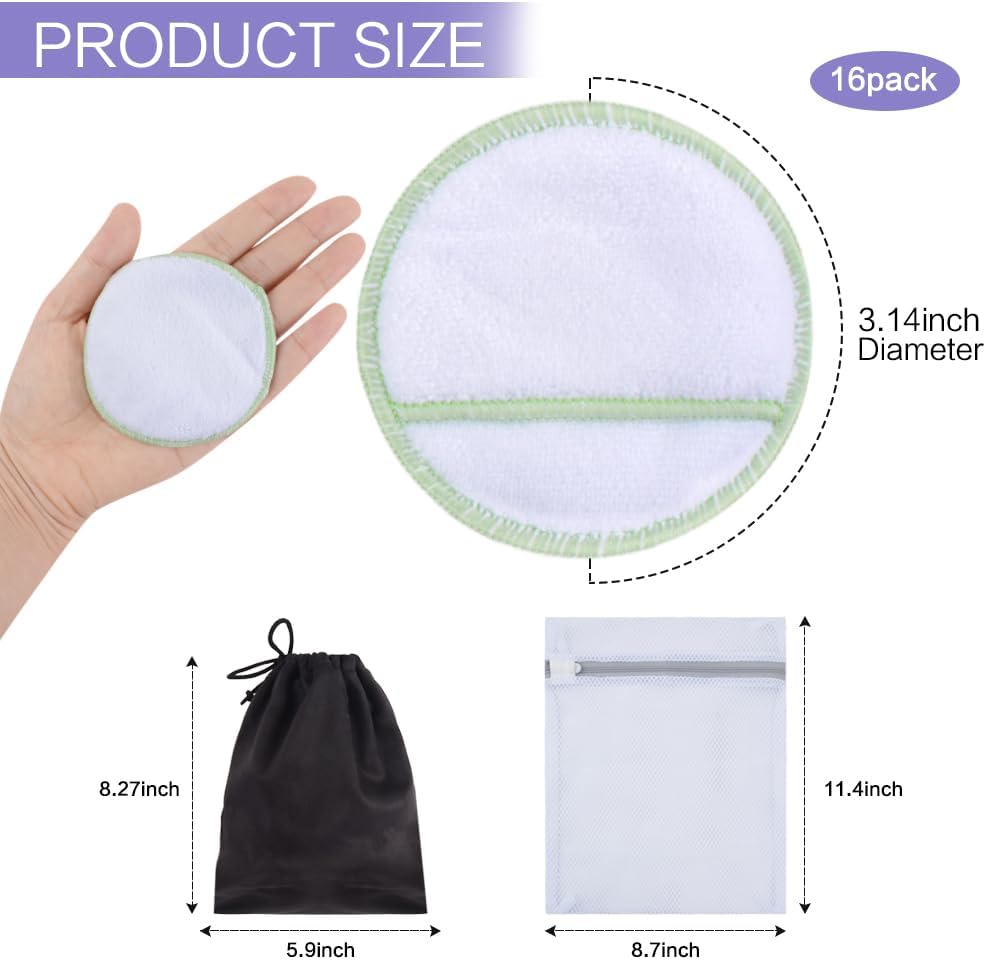 SUNLAND Reusable Makeup Remover Pads for Face,Eye,Lips 16 Pack Microfiber Face Cleansing Gloves Washable with Laundry Bag and Travel Bag Rounds Toner Pads（Round 3.15inchx16 White）