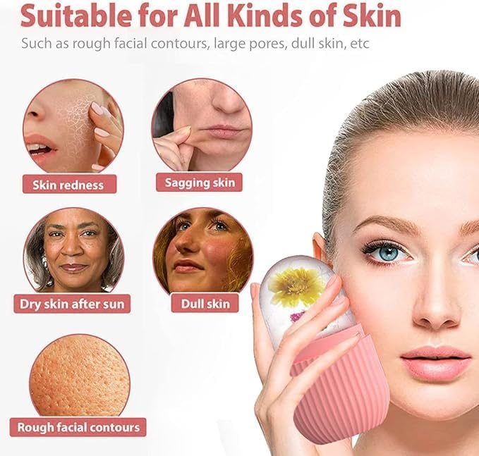 Ice Cube Facial Massager with Reusable Silicone Mold, Naturally De-Puff Eyes and Reduce Migraines, Made with Food Grade Silicone, BPA Free, BPS, Latex Free and Other Chemical (Rose Pink Two Tone)