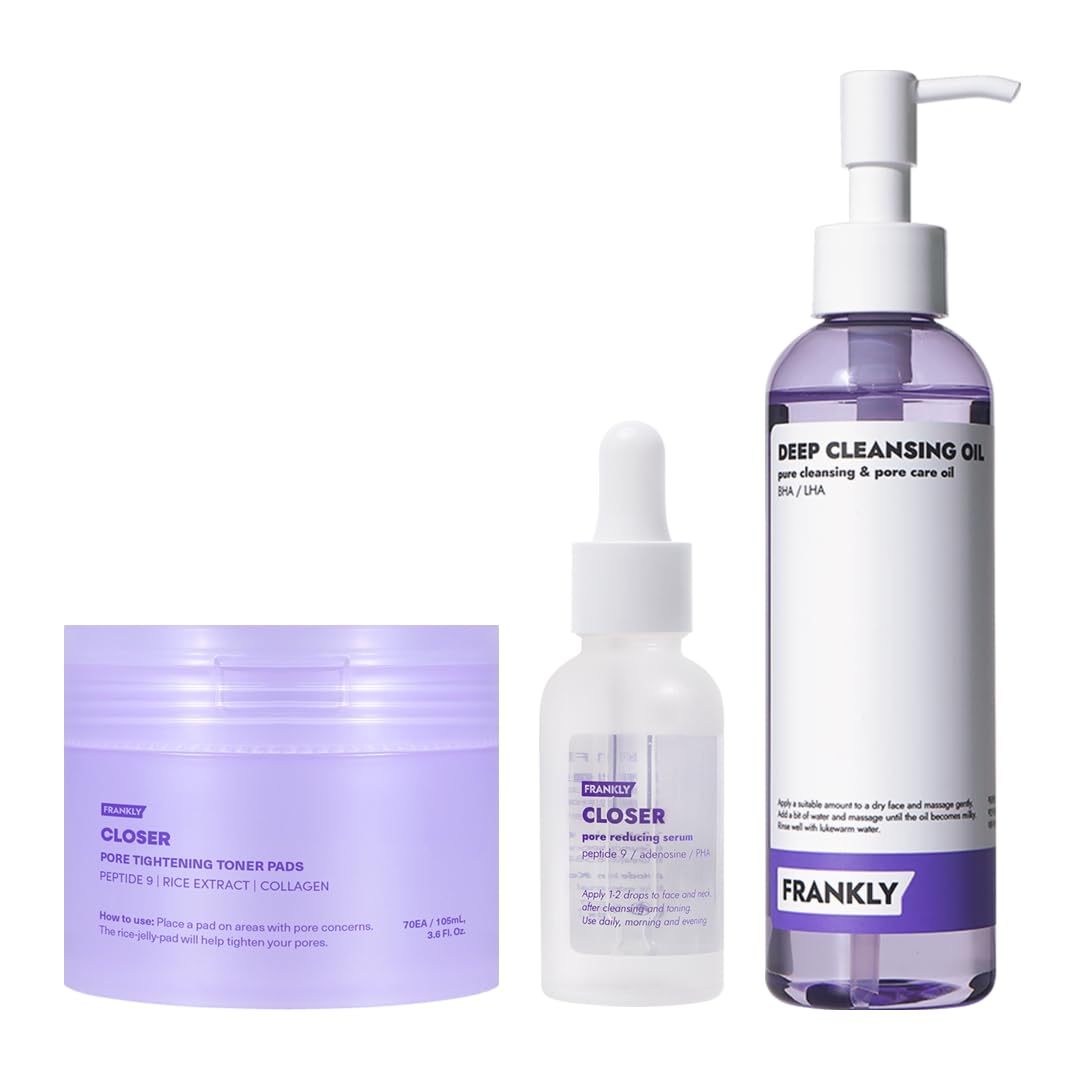 FRANKLY Pore Perfecting Set : Closer Serum, Toner Pads & Cleansing Oil | Deep Cleansing, Hydration, Pore Refining | For Sensitive, Oily & Acne-Prone Skin | Vegan | glass skin korean skincare set