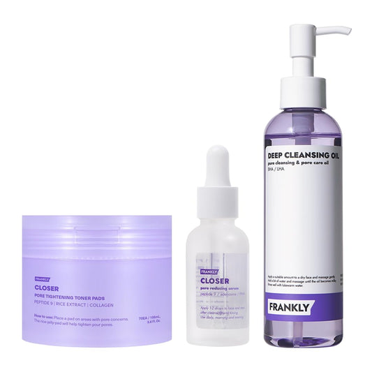 FRANKLY Pore Perfecting Set : Closer Serum, Toner Pads & Cleansing Oil | Deep Cleansing, Hydration, Pore Refining | For Sensitive, Oily & Acne-Prone Skin | Vegan | glass skin korean skincare set