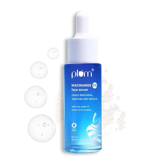 Plum 5% Niacinamide Face Serum for Clear & Bright Skin | with Rice Water | Provides Clear, Glowing & Brightening Skin | Lightweight & Beginner Friendly Serum for Women & Men | All Skin Types | 1 fl oz