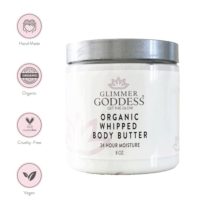GLIMMER GODDESS Organic Whipped Body Butter- Morrocan Mint, Vegan, 24 Hr Hydration, Less Stretch Marks, All Skin Types, Child-Safe, Organic, 8 oz