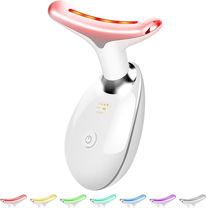 Face Massager Tool, Facial Massager 7 Color, Facial and Neck Massager, Multifunctional Facial Skin Care Tool, Face Neck Massager for Daily Skin Care Routine, White