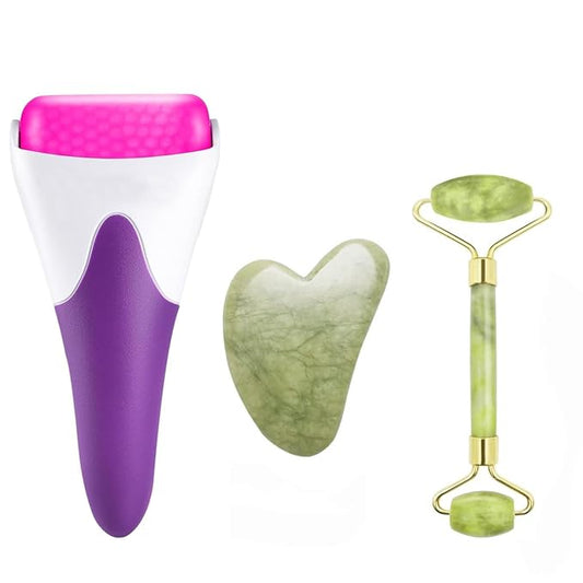 3 in 1 Ficial Face Ice Jade Roller and Gua Sha Tool, 100% Natural Real Jade Anti-Wrinkle Face Eye Neck Massager Tool, Reduce Wrinkles, Puffiness, Migraine, Redness, Pain and Injury (Purple)