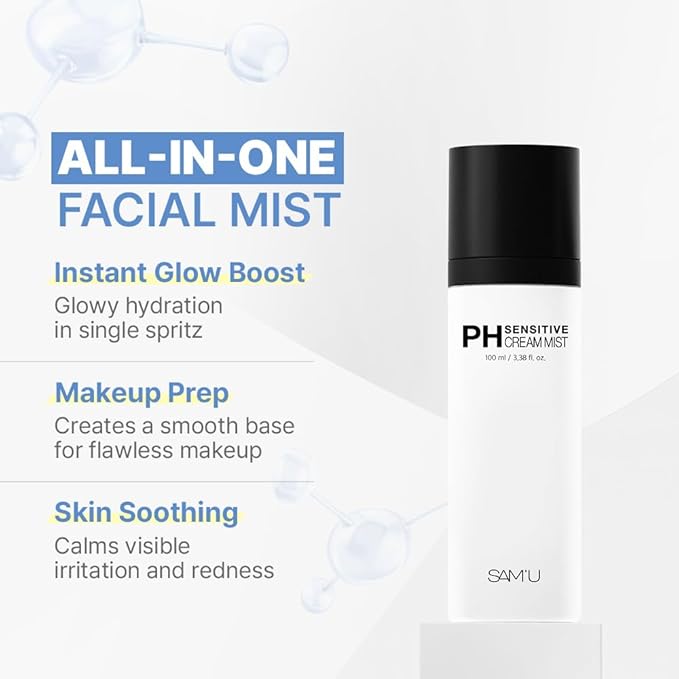 SAM'U PH Sensitive Cream Mist, Centella Face Mist, Hypoallergenic Facial Spray with Hyaluronic Acid & Ceramide, Hydrating & Quick Absorbing, Korean Skin Care for Dry & Sensitive Skin, 3.38 Fl. Oz