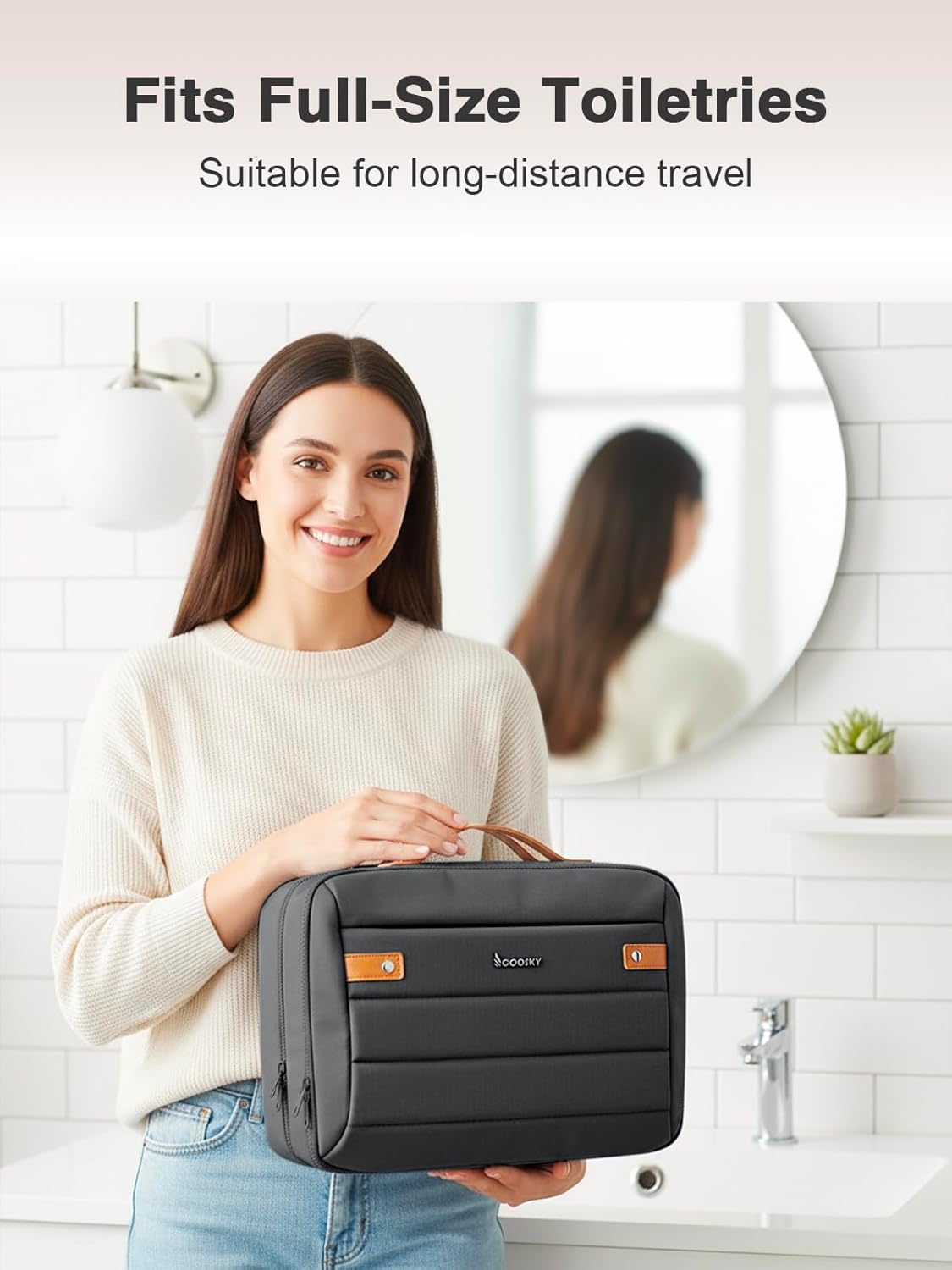 Women's Hanging Toiletry Bag, Waterproof Travel Cosmetic Organizer with Jewelry Storage, Large Capacity Makeup Case for Full-Size Skincare & Bathroom Essentials, Portable Cosmetic kit, Black