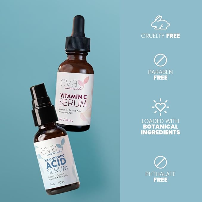 Eva Naturals Hydrate and Brighten Skincare Bundle - Includes Hyaluronic Acid Serum and 20% Vitamin C Serum - Restores Lost Moisture, Plumps Skin while Toning and Smoothing the Complexion