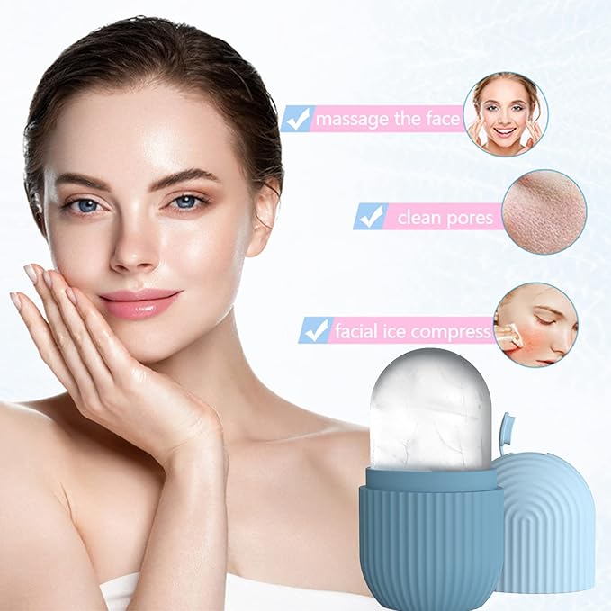 Ice Face Roller, Reusable Silicone Mold Face Massage Eye Facial Beauty Skin Care Tools Apply Ice for Shrink Pores Anti Wrinkle Reduce Puffiness Improve Skin Elasticity, Striped, Light Blue