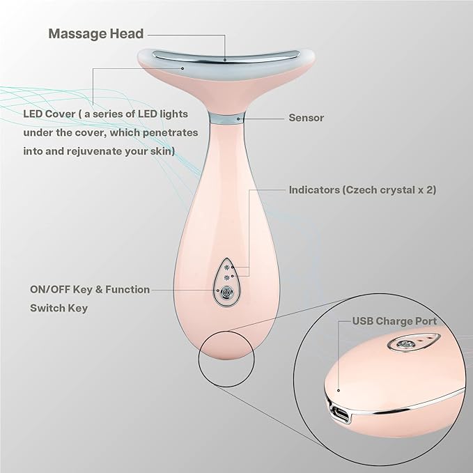 Lily Neck Face Massager Skin Rejuvenation Device (Pink) with Triple Action LED, Natural Jade Comb Head Massager Scalp Massage Comb