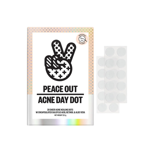 PEACE OUT Acne Day Dot, Sheer Acne Healing Dots, Virtually Invisible Wear, Hydrocolloid Pimple Patches Helps Clear Blemishes Quickly with Encapsulated Salicylic Acid, Retinol & Aloe Vera, 20 dots