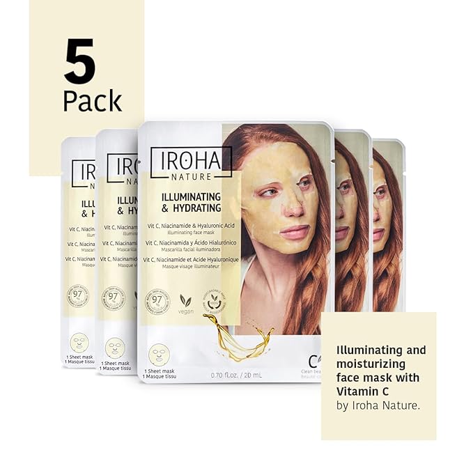 Vitamin C & Hyaluronic Acid Face Mask (5 Masks) + Eye Mask Patches with Vitamin C, Cucumber and Hyluronic Acid, Anti-Fatigue and Illuminating (5 Pairs)- Vegan, Korean Skin Care- Total Bundle 10 pieces