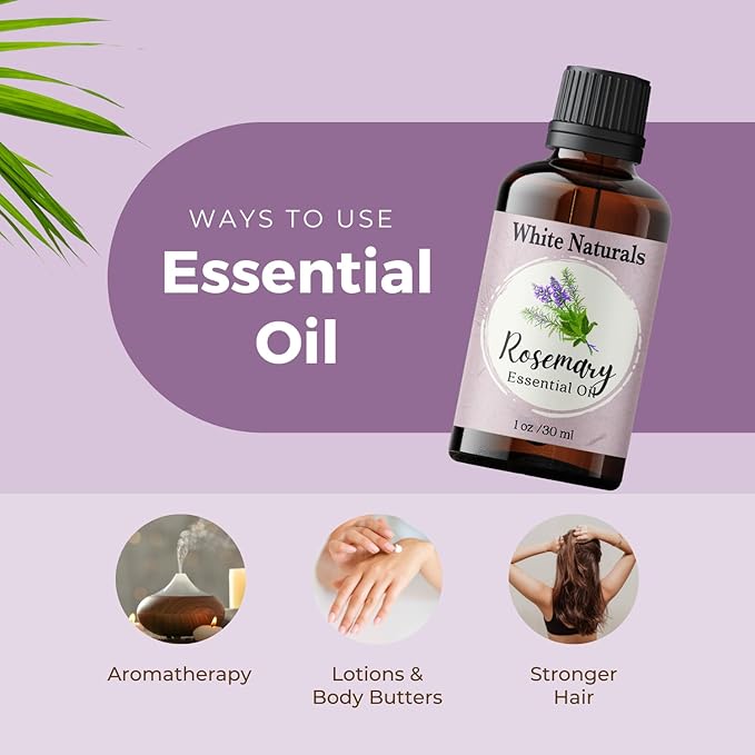 White Naturals Organic Rosemary Essential Oil, 100% Pure & Natural, 1 Fluid Ounce, Aromatherapy, Vegan, Non-GMO, Strengthening, Conditioner, DIY Soap Making