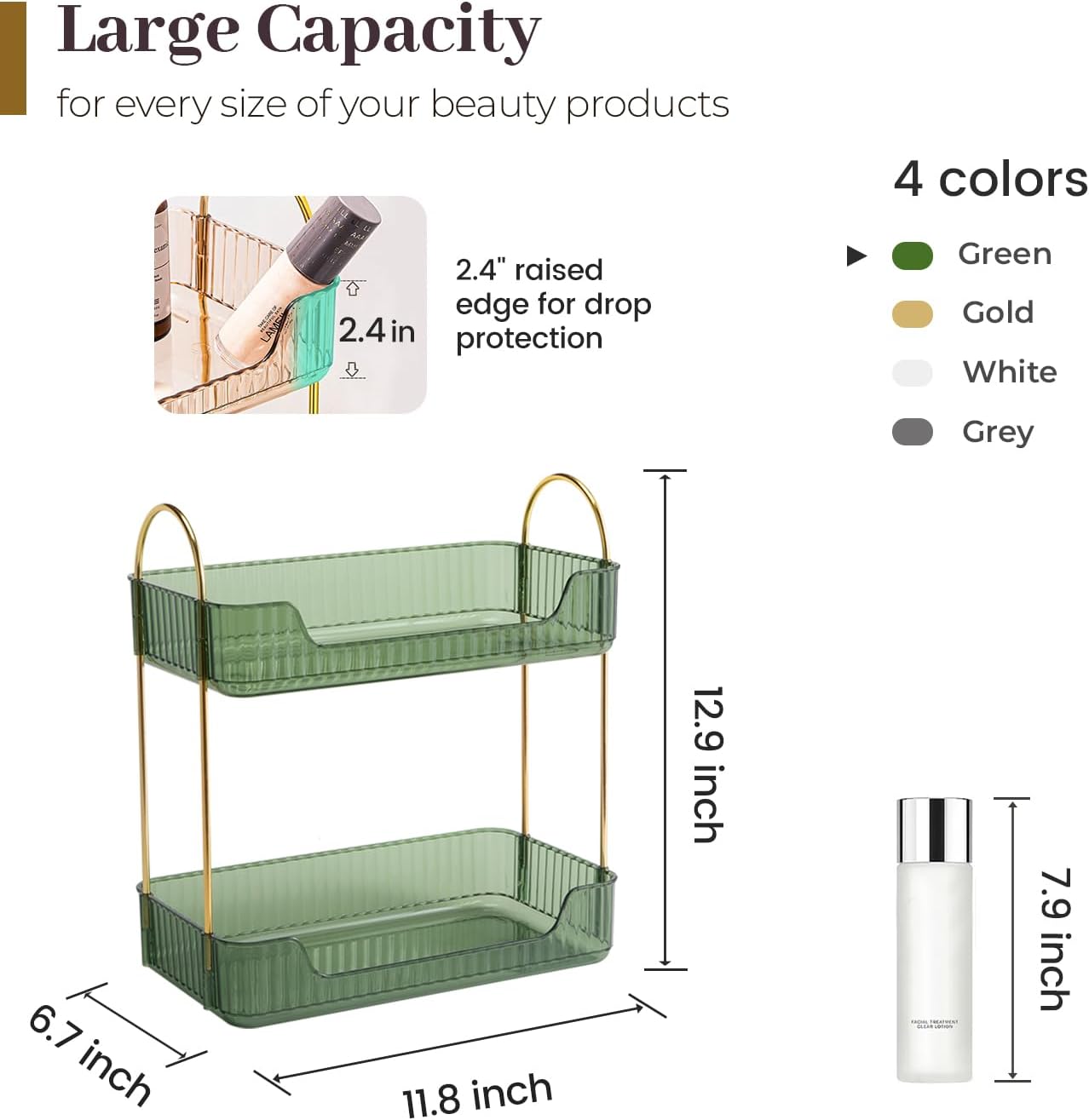 Aveniee Bathroom Counter Organizer, 2 Tier Perfume Skin Care Countertop Storage Shelf, Vanity Makeup Tray for Cosmetic Skincare Lotion,Green