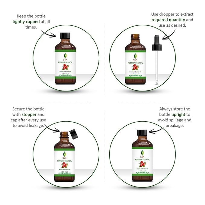 SVA Rosehip Seed Oil - 4 Fl Oz – 100% Natural & Cold Pressed - for Face, Skin Care, Hair Care, Scalp Massage & Body Massage – Carrier Oil with Dropper