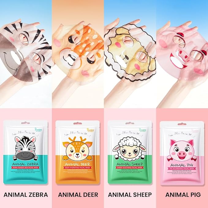 Kaely 7 Pack Animal Character Sheet Masks, Face Masks for Kids Teens Skin Care, Korean Soothe Facial Mask for All Skin Types, Girls Night Skincare Spa Party, Birthday Gifts for Women Men, Set01