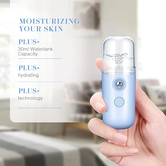 Honoson 2 Pieces Nano Facial Mister 30 ml Mini Face Humidifier Portable Facial Sprayer USB Rechargeable Handy Skin Care Machine for Face Hydrating, Daily Makeup (Black and Blue)