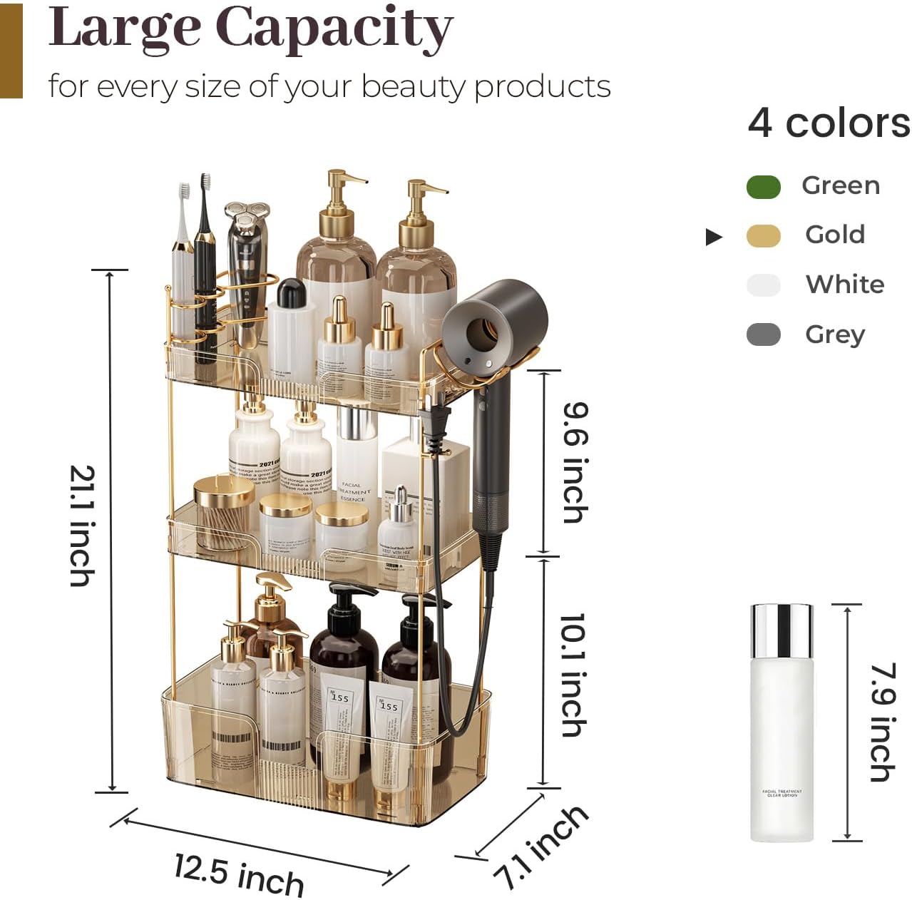 Aveniee Bathroom Counter Organizer,3 Tier Skincare Perfume Countertop Storage with Hair Dryer Rack and Toothbrush Holder, Cosmetic Makeup Tray for Vanity - Gold