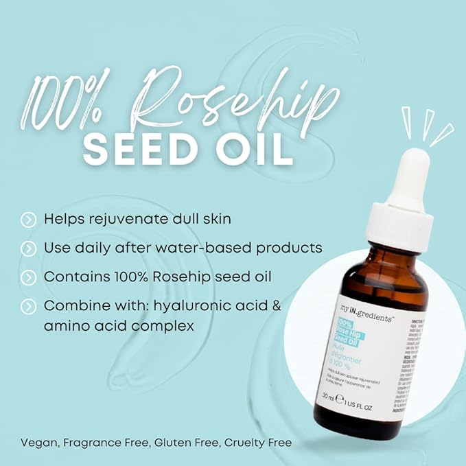 masque BAR My Ingredients 100% Rose Hip Seed Oil, Rejuvenates Dull Skin, Reduces Fine Lines, Wrinkles, Soothes Dry, Itchy Skin, Moisturizing Serum for Face & Hair, Undiluted Body Oil- 1Fl oz