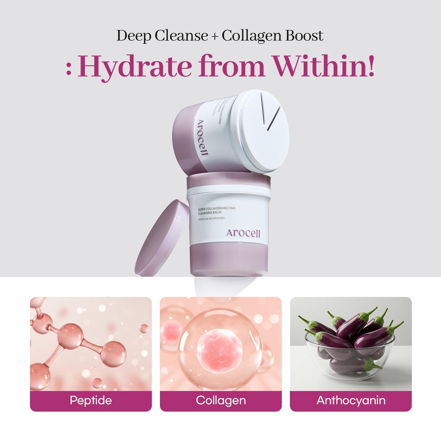 AROCELL Super Collagen Melting Balm 3.53oz – Korean Makeup Remover Balm for Blackhead Care, Deep Pore Care with Peptides & Collagen Hydration, Nourishing Daily Face Wash Skincare