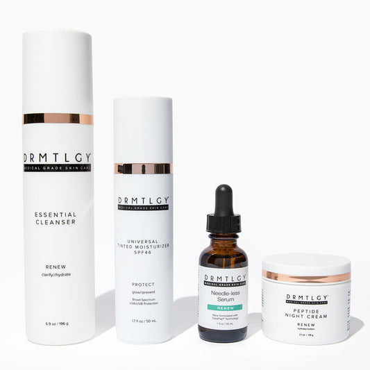 DRMTLGY Hydration Superstars Kit: Needle-less Serum, Peptide Night Cream, Tinted Moisturizer & Essential Facial Cleanser