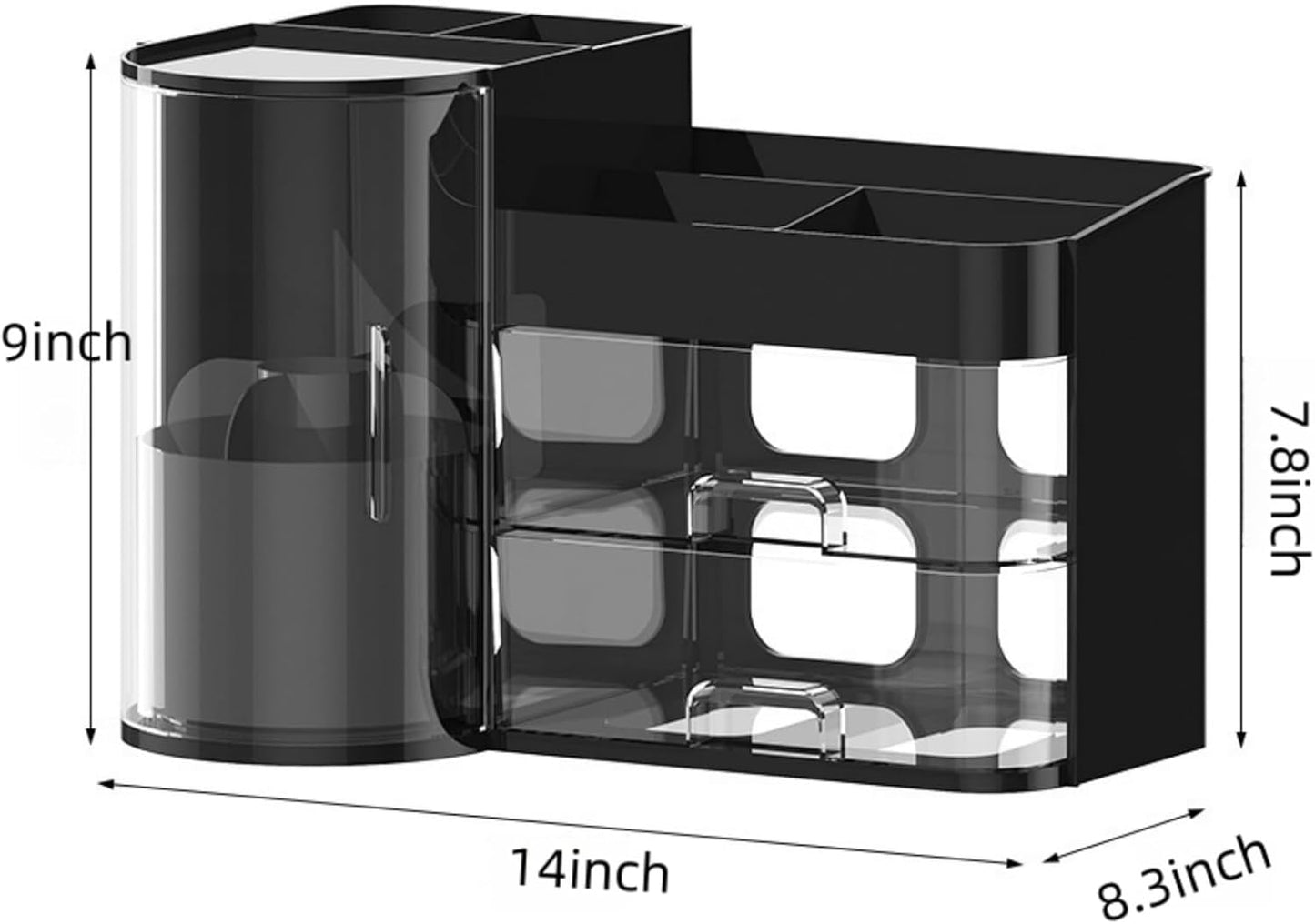 Makeup Organizer with Rotating Brush Holder Cosmetic Organizer with Drawers Countertop Skincare Organizer for Vanity,Cosmetic Display Case Storage (Black, Large)