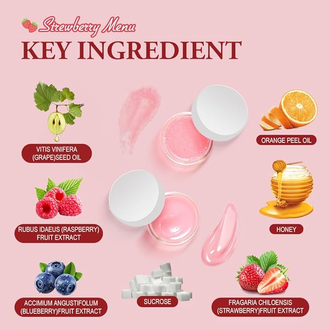 Strawberry Lip Scrub And Mask Set, Lip Scrub Kit, Lip Scrub Set, Sugar Lip Scrub Exfoliator, Lip Scrub For Dark Lips To Lighten, Lip Care Kit, Sleeping Lip Mask, Lip Mask Pack, 1.4 oz / 2-piece