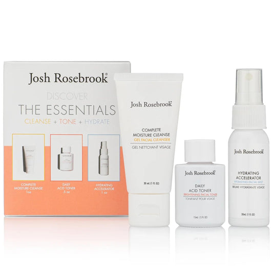 Josh Rosebrook The Essentials Kit - Cleanse, Tone & Hydrate Skincare Set | Complete Moisture Cleanse 1 oz, Daily Acid Toner 0.5 oz, Hydrating Accelerator 1 oz | Travel Size Facial Skin Care