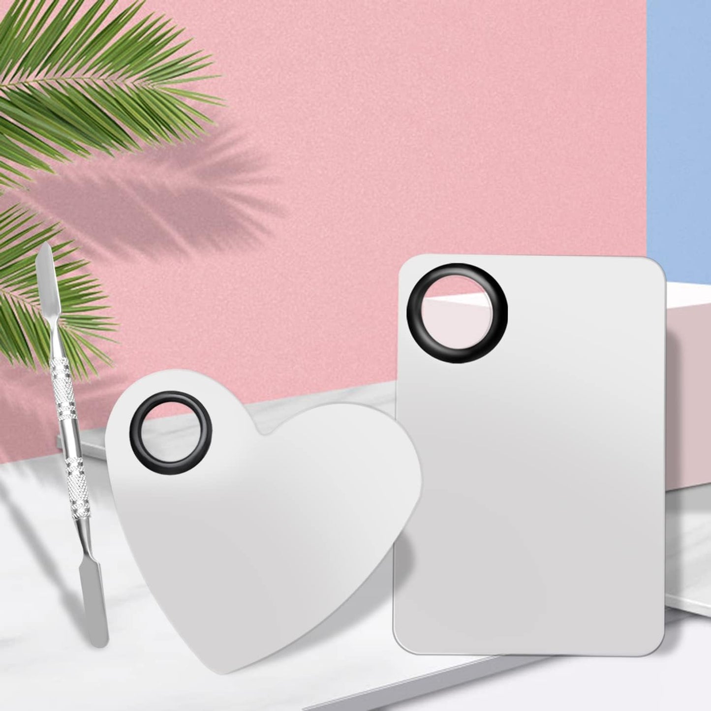 4 in 2 Set Makeup Mixing Palettes, 2 Pcs Stainless Steel Nail Art Palette with 2 Makeup Spatula for Foundation Makeup Tools Eyeshadow Nail Art