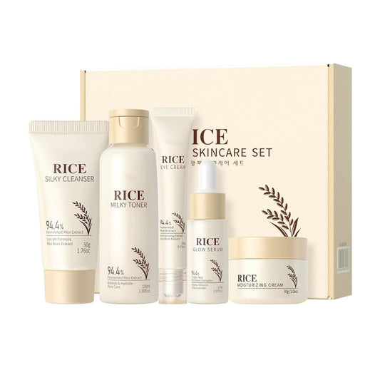 Rice Radiance Skincare Set 5pcs – 5-Step Moisturizing Korean Skin Care Routine with Triple Fermented Rice Extract, Hyaluronic Acid & Ceramides for Glowing Skin, All Skin Types