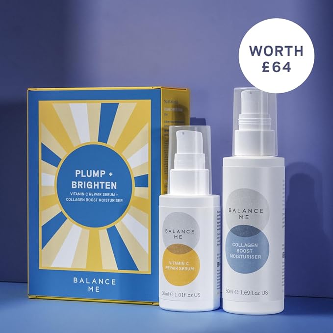 Balance Me Gift Set Plump + Brighten Vitamin C Repair Serum, Collagen Boost, Ultimate Holiday Skin Brightening Kit, Natural/Vegan Skin Care, 2 Full Size Products - 1 each