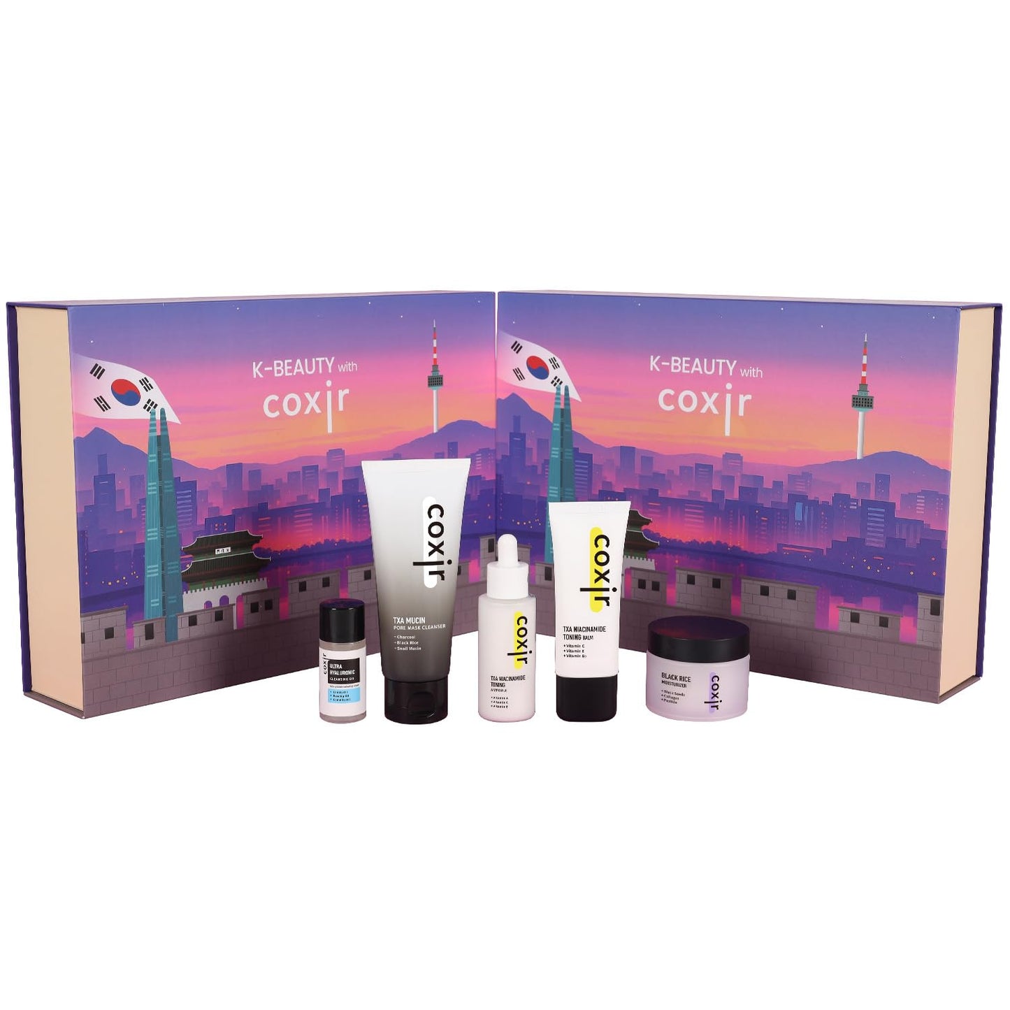 coxir K-Beauty Seoul Glow Set – 5-Step Korean Skincare Routine with TXA & Black Rice – Cleansing oil, Mask Cleanser, Ampoule, Balm & Moisturizer – Deep Hydration, Radiant Glass Skin Gift Set