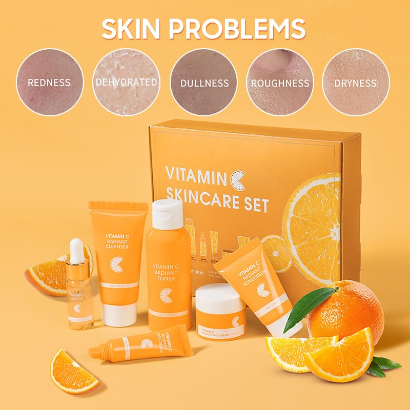 6 Pcs -Vitamin C Skincare Set for Face - with Cleanser, Serum, Eye Cream, Moisturizer, Sunscreen & Toner | Brightening, Hydrating& Anti-Aging,Perfect for Teens & Girls,Moisturizing Face Skin Care Kit
