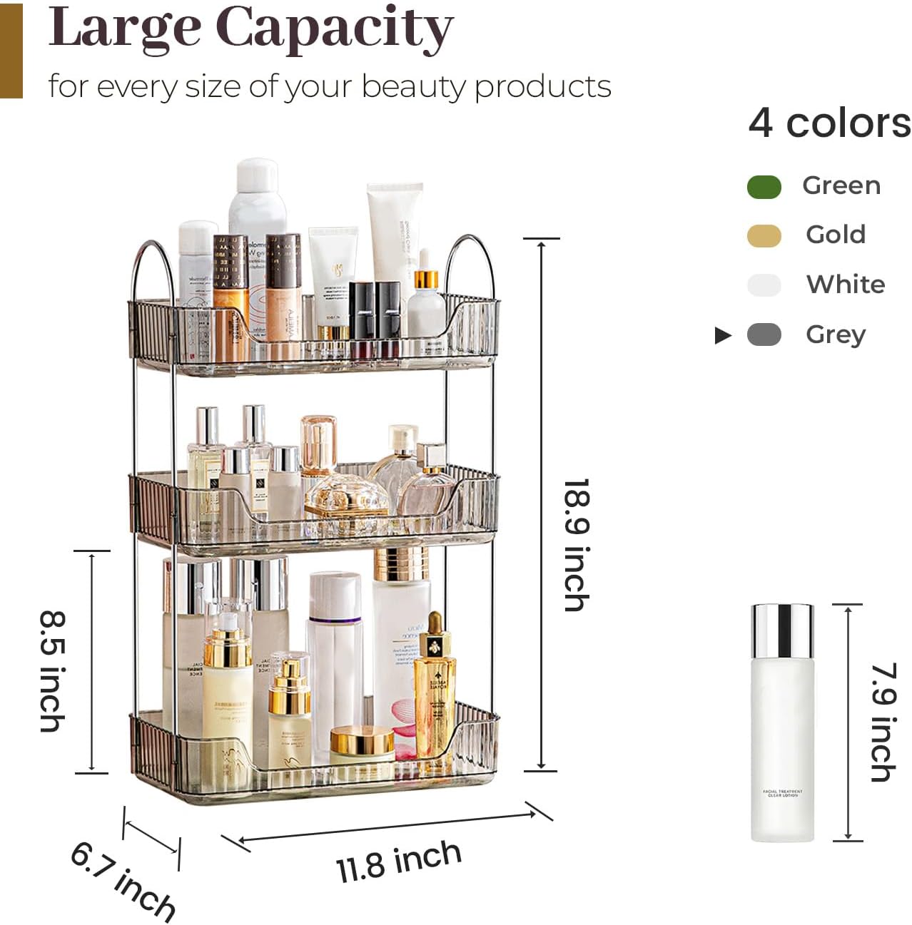 Aveniee Bathroom Counter Organizer, 3 Tier Perfume Skin Care Countertop Storage Shelf, Vanity Makeup Tray for Cosmetic Skincare Lotion,Grey