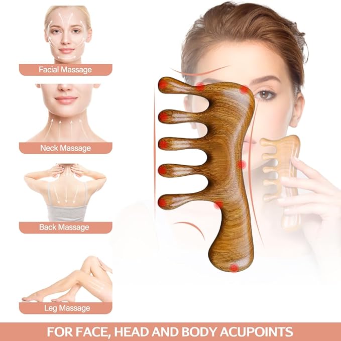 Wooden Massage Comb Scalp Massager - 2 Pack Sandalwood Loc Wide Tooth Detangler for Wet or Dry Hair - Manual Wood Massage Tools for Head Neck Back Hand - Hair Care Gift for Women