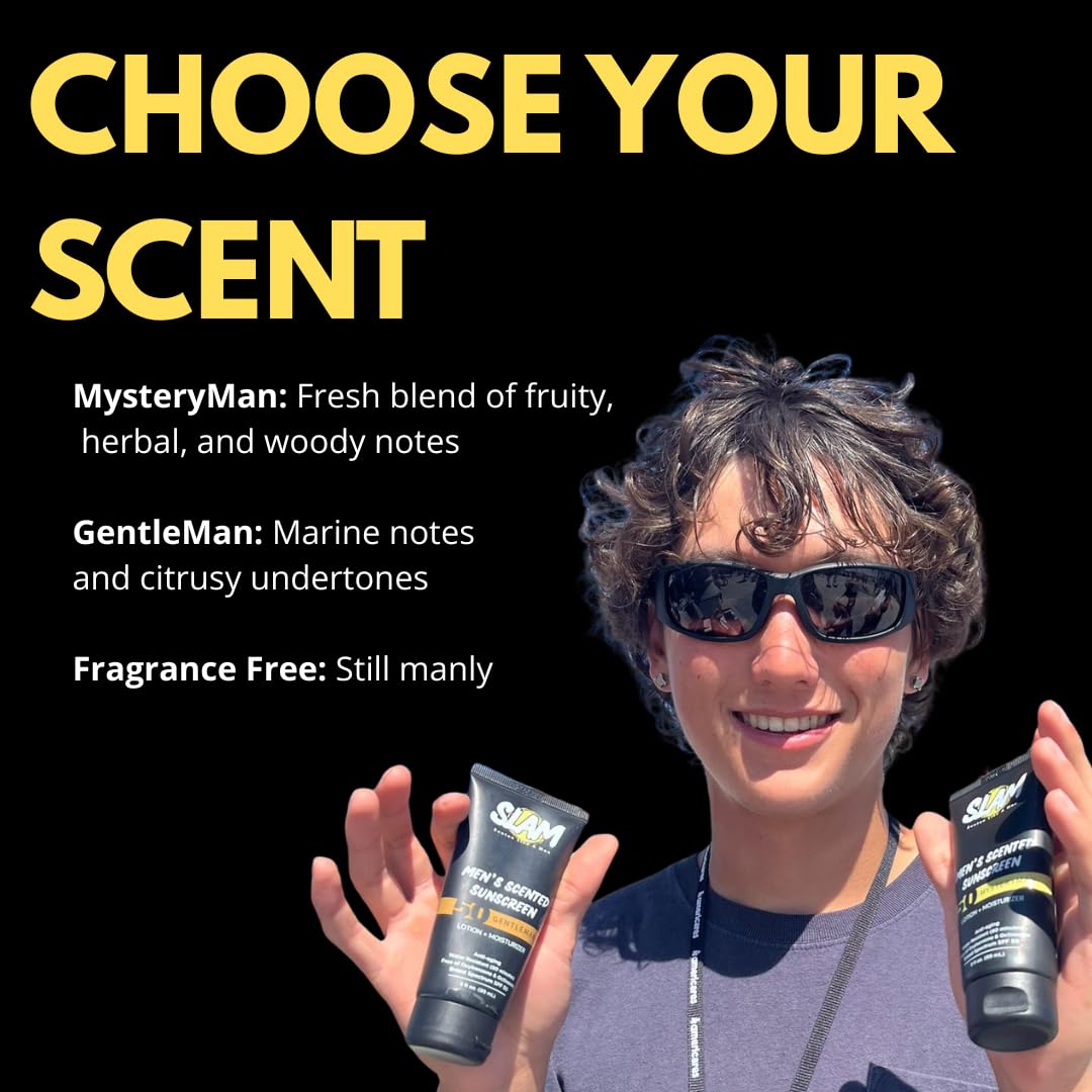 SLAM MysteryMan Men's Sunscreen Lotion SPF 50 & Moisturizer – Face & Body Sunblock, Anti-Aging, Water-Resistant, Hawaii Act 104 Safe, Daily Sport Skincare for Men, Scented – 3 fl oz. Double pack.