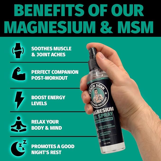 Coach Soak Eucalyptus Magnesium Lotion & Magnesium Oil Spray with MSM - 8oz Topical Spray for Feet & Body and 3.4oz Natural Cream for Muscle & Joint Relaxation