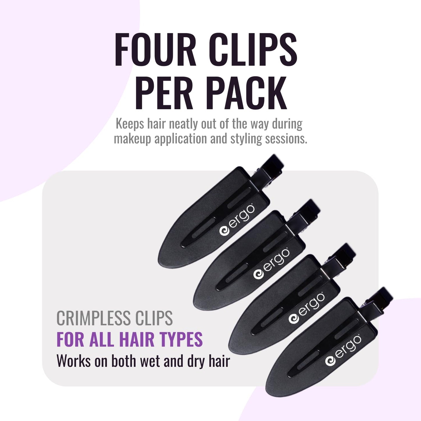 ERGO No-Crease Hair Clips – 4 Pcs Heat-Resistant Crimpless Clips for Hair Styling, Sectioning, Makeup | No Bend Clips for Women, Curls, Bangs, Salon Use