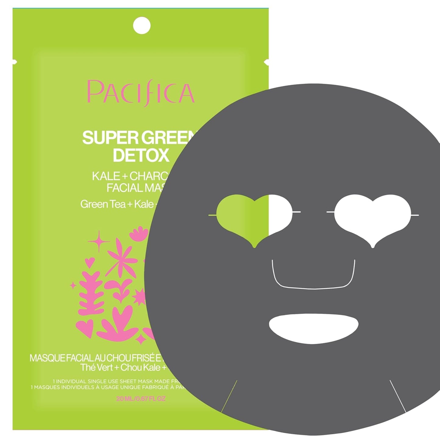 Pacifica Super Green Detox Sheet Mask – Charcoal, Kale & Clay Pore Cleansing Mask for Oily, Blemish-Prone Skin, Deep Detox Facial Mask, Vegan