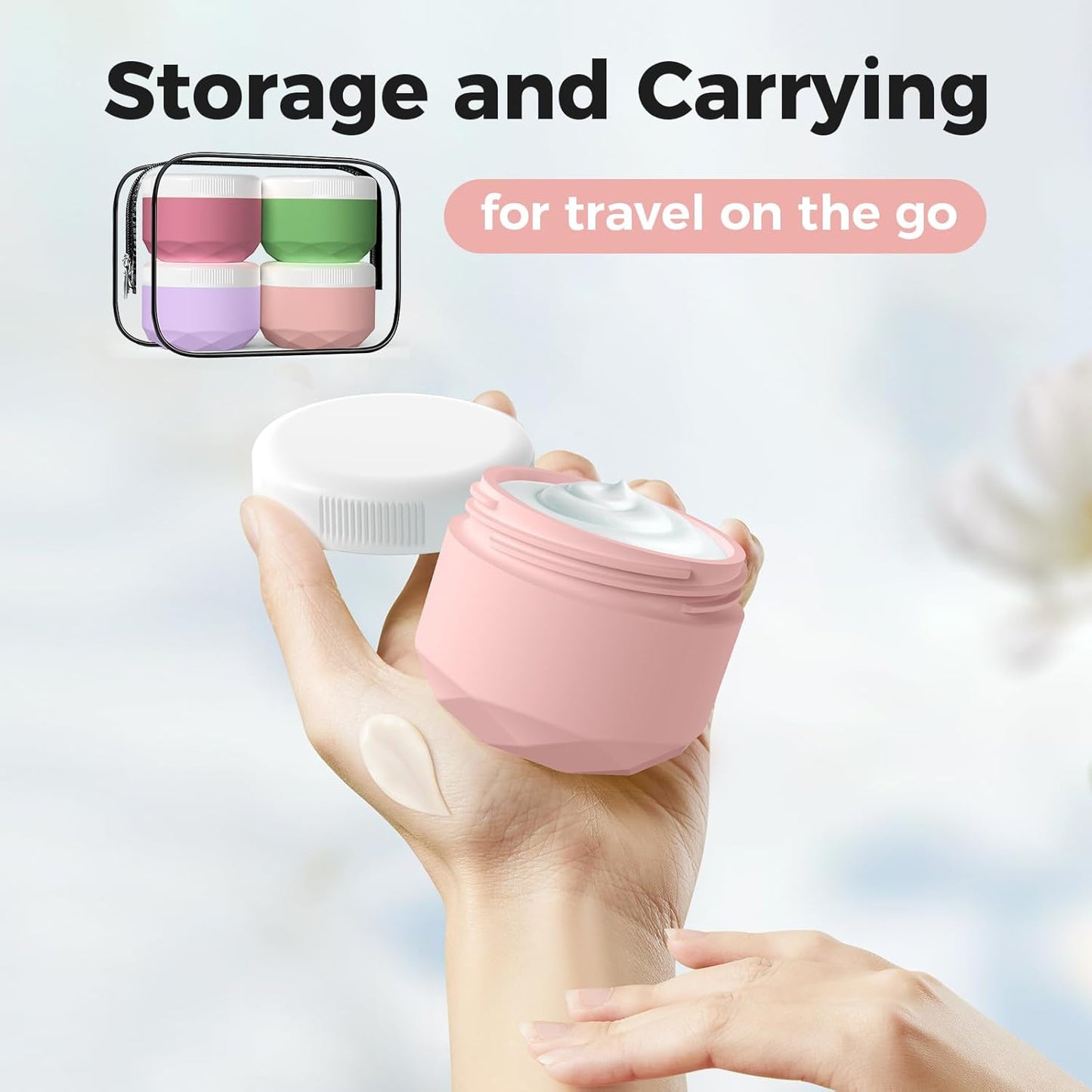 Travel Containers for Toiletries, 4-Pack TSA Approved Silicone Jars (1oz) - BPA Free Leakproof Cosmetic Containers for Creams, Lotion, Skincare & Makeup with Bonus Waterproof Bag -Mix Pink