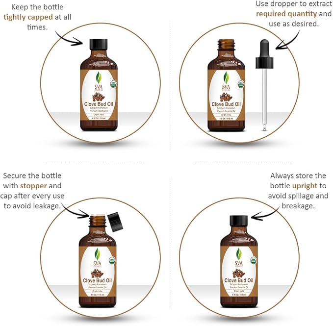 SVA Clove Essential Oil Organic – 4 Fl Oz – 100% Natural Organic Clove Oil - for Diffuser, Hair Care, Face, Skin Care, Aromatherapy, Scalp and Body Massage, Soap and Candle Making - with Dropper